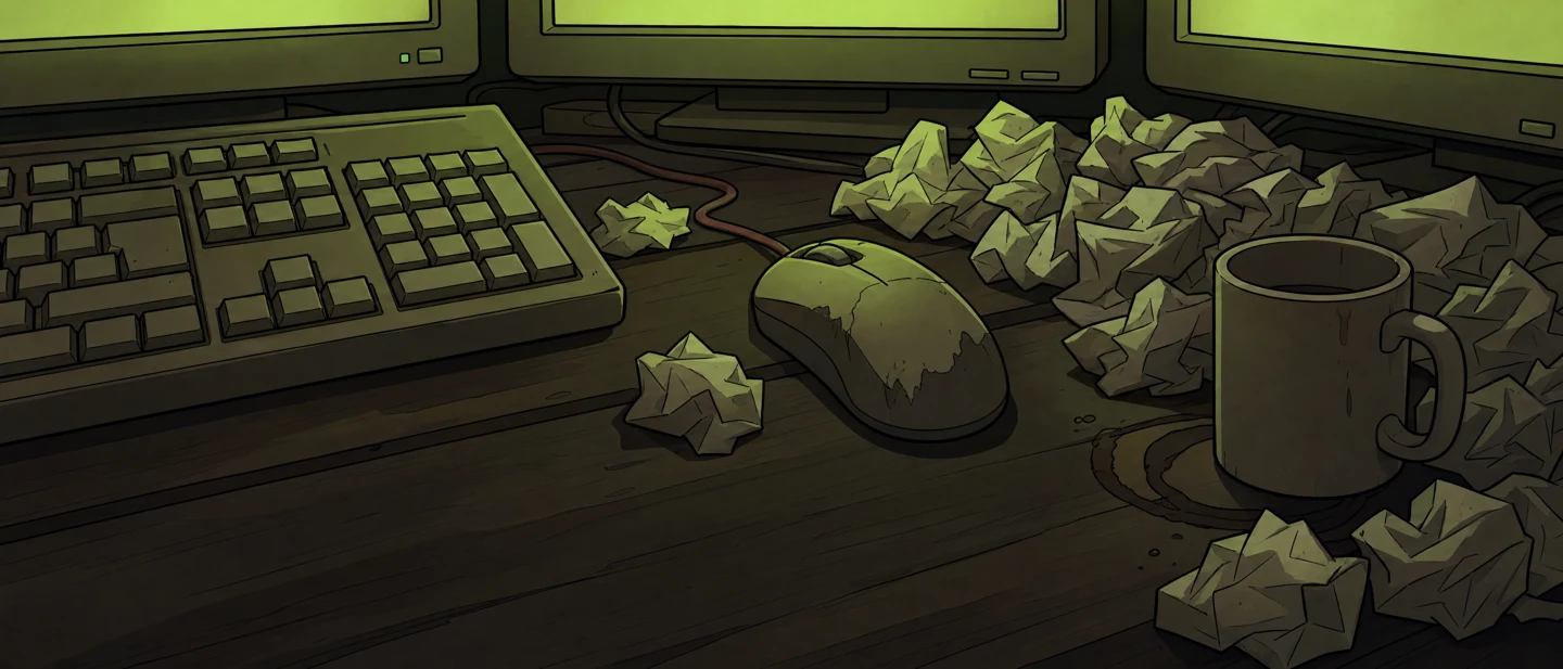 A worn mouse and crumpled paper beneath the trading monitors
