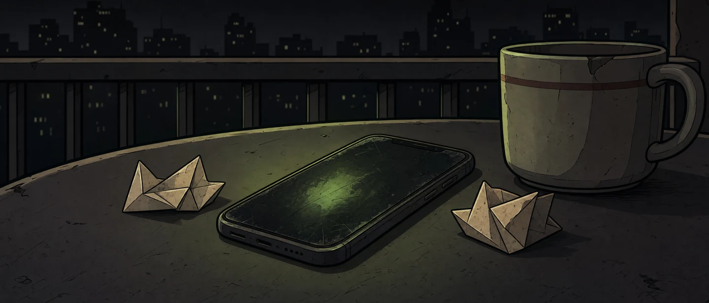 A scratched phone and folded paper on the nighttime balcony table
