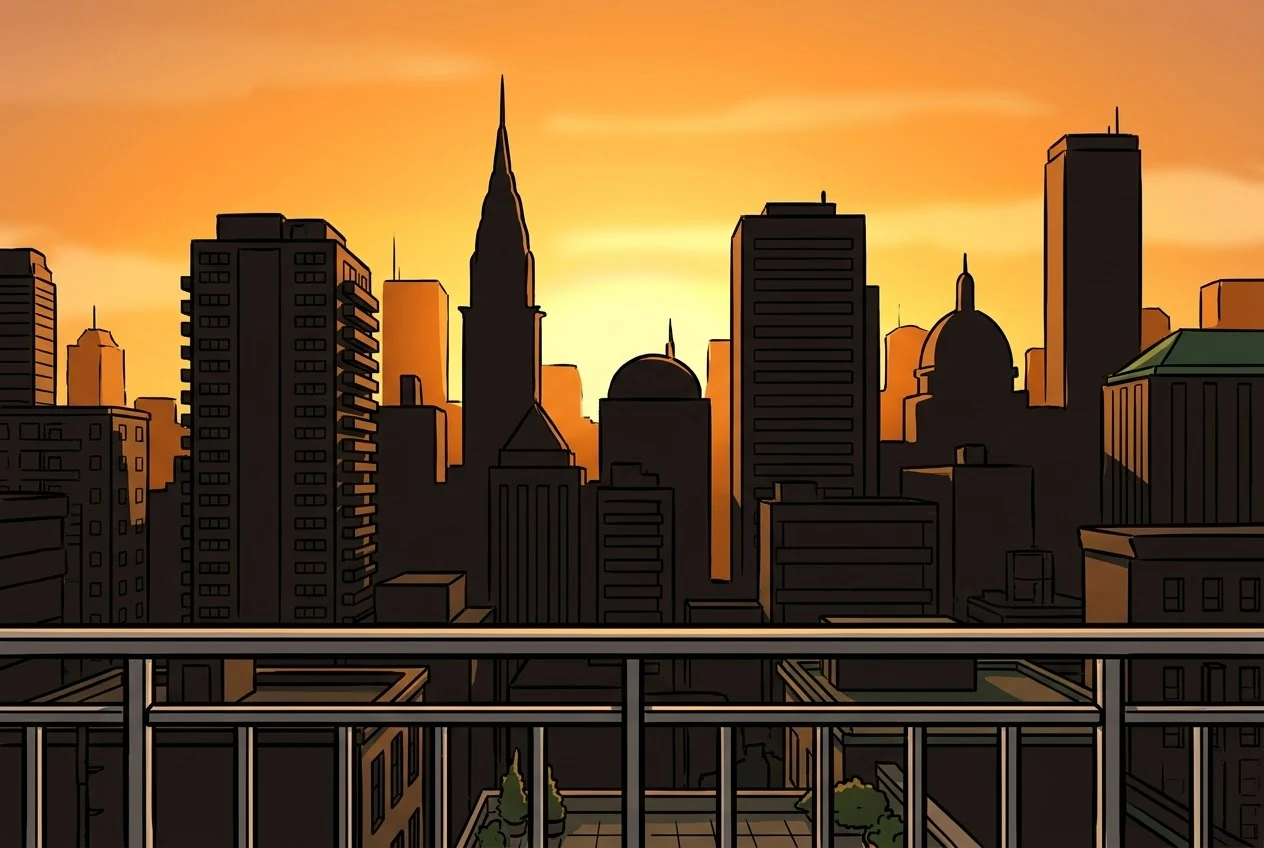 The first light over the city from the balcony
